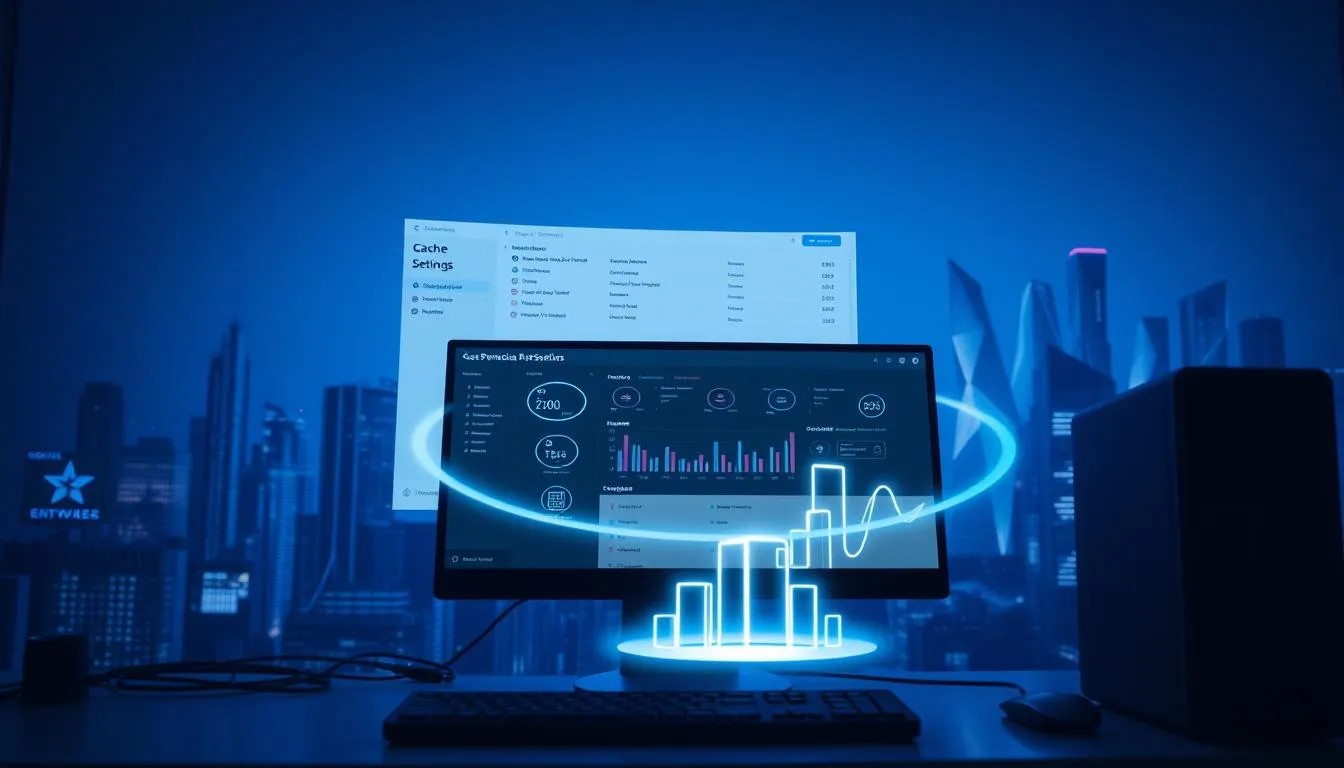 Futuristic workspace showing a desktop with holographic data charts and a city skyline in the background. The screen displays graphs and charts, with a glowing blue interface surrounding the monitor.