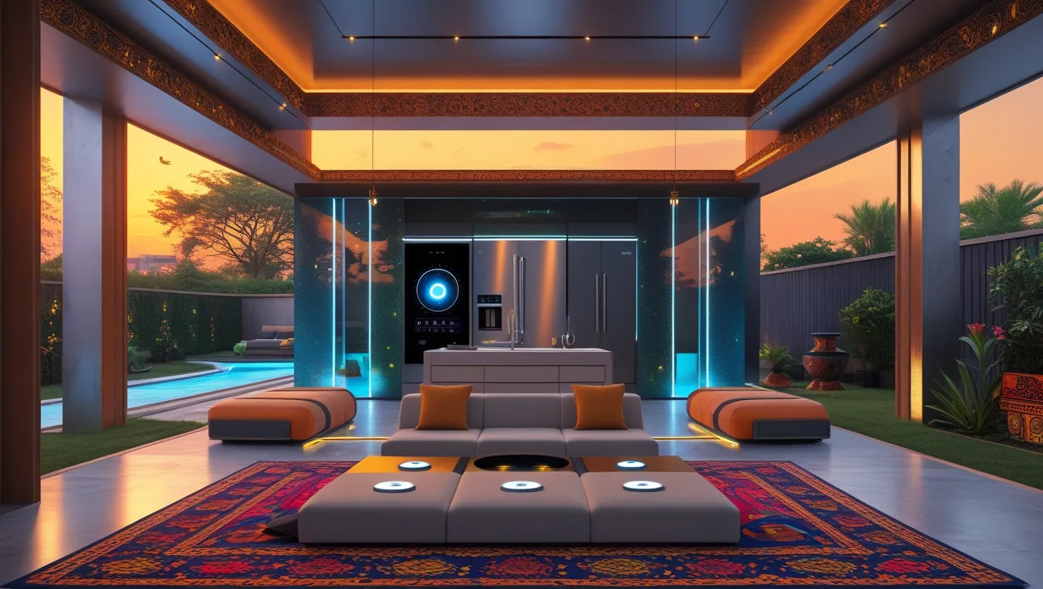 A modern living room with futuristic decor features a central low sofa on a colorful rug, a high-tech fridge with LED lights and touchscreen, and glass walls opening to a garden and pool. The ceiling has ambient lighting, creating a warm atmosphere.
